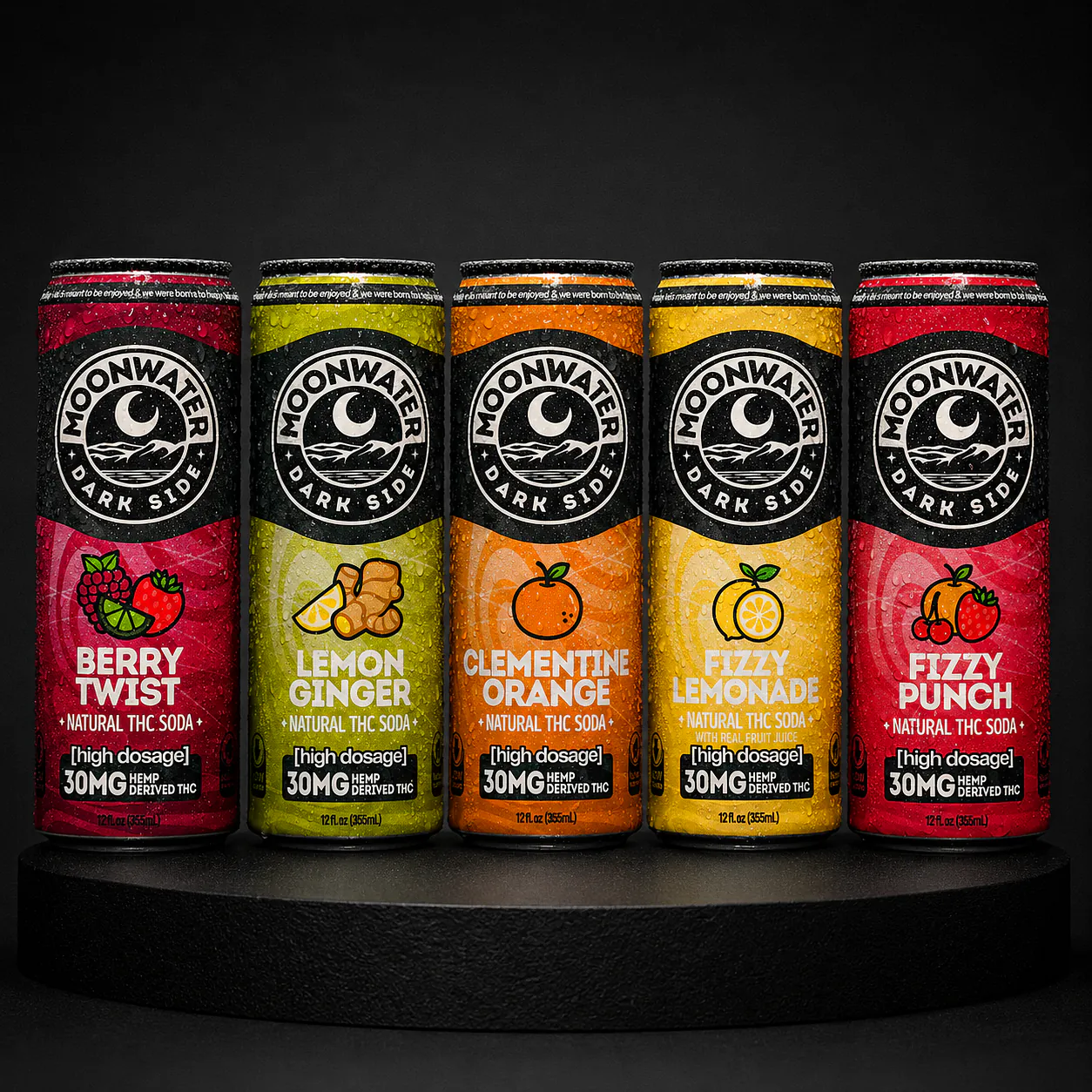 Moonwater Dark Side — High-dosage Natural THC Soda, 5 flavors, 30mg Hemp-Derived THC per can